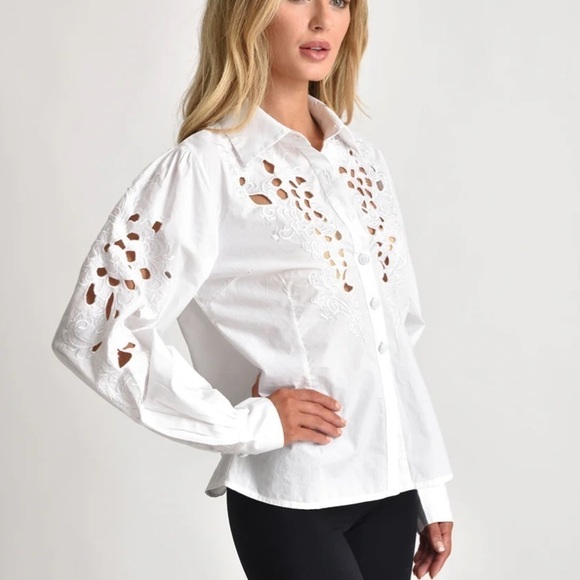 MUCHE & MUCHETTE White Lois Cutwork Button Down Blouse Size Small Medium - Picture 1 of 10